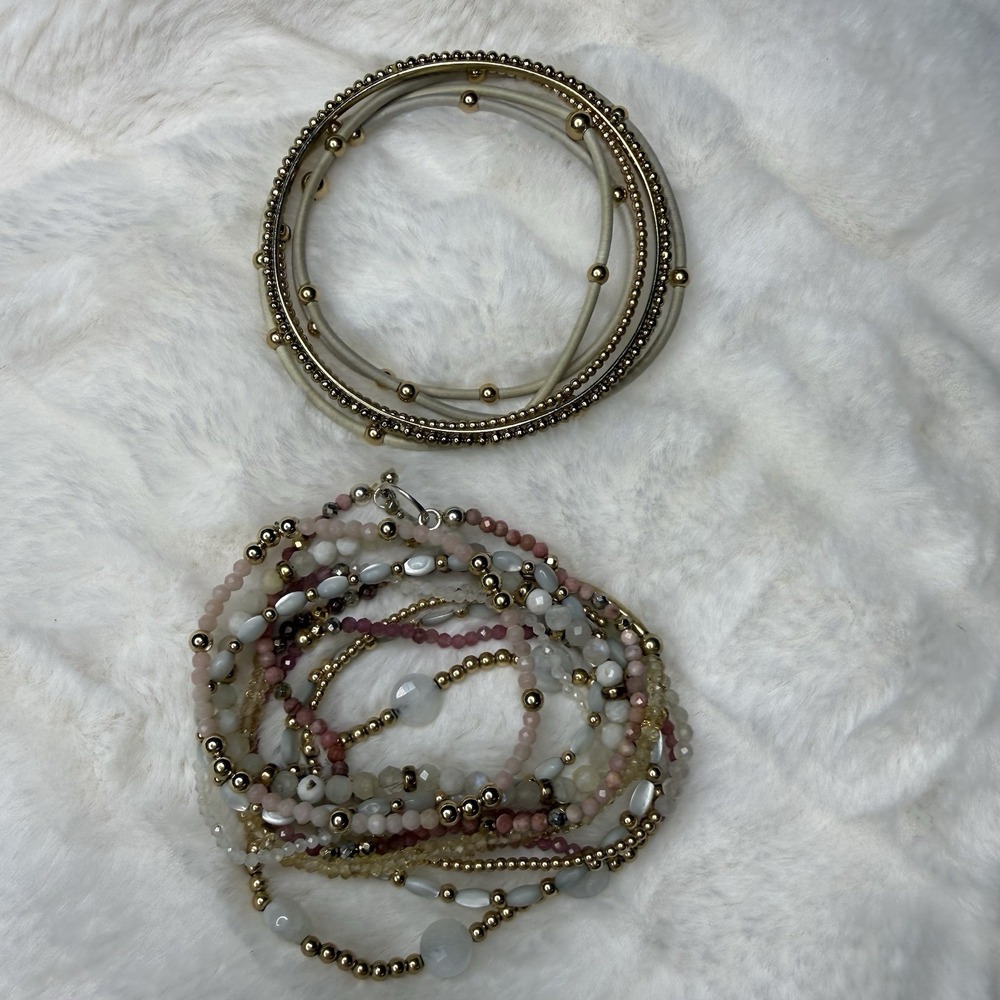 Two Sets of Gold Tone White PinkStone Bangles Bracelets Costume Jewelry Lot of 2